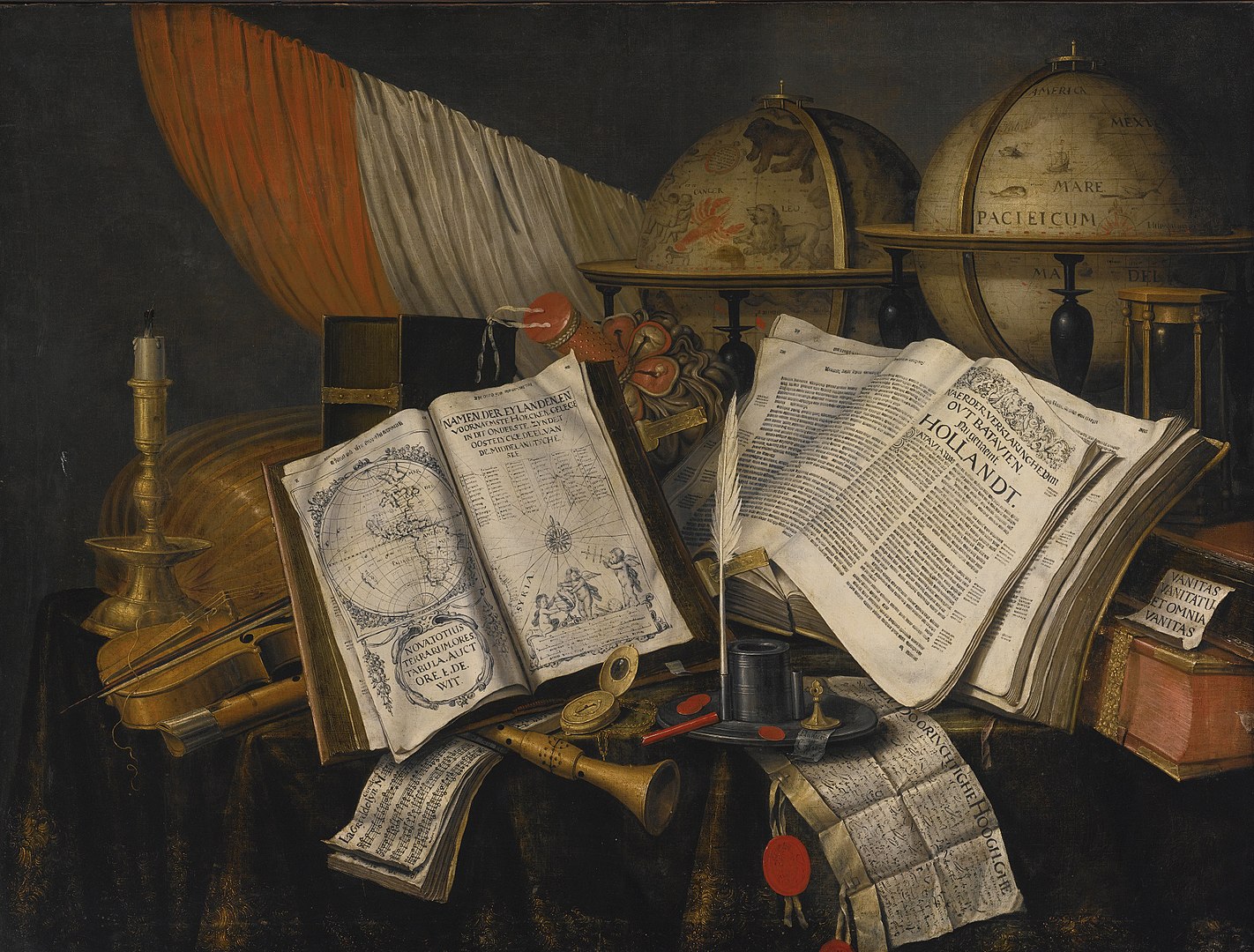 Gemälde von Edwaert Collier um 1697, Stilleben mit Schreibtisch, darauf Bücher, Globus, Schreibgeräte