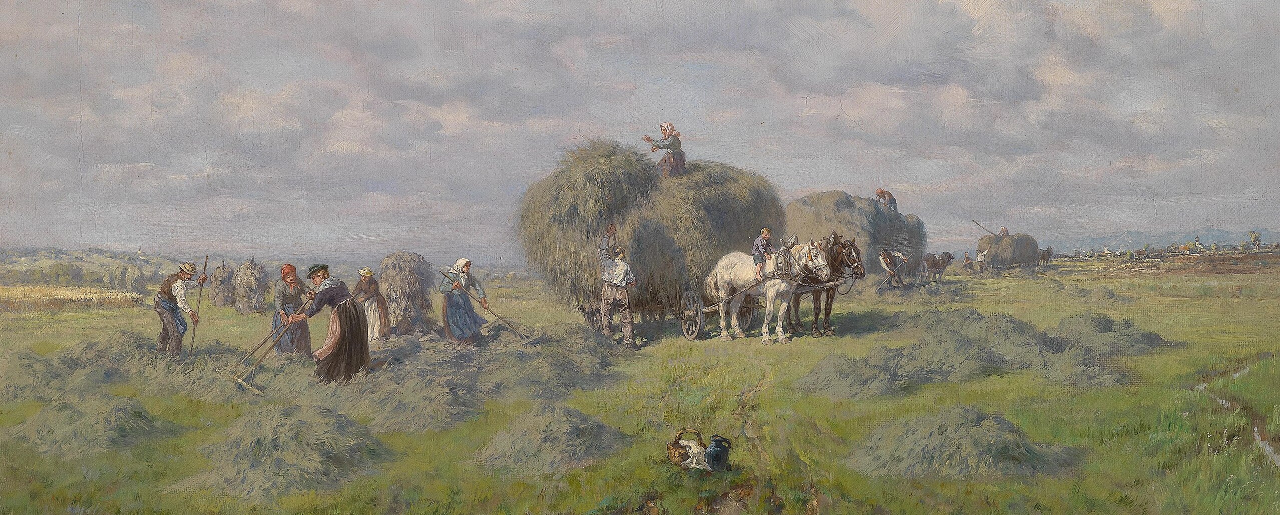 Gemälde von Desiré Thomassin um 1933, Bauern bei der Heuernte (Ausschnitt)