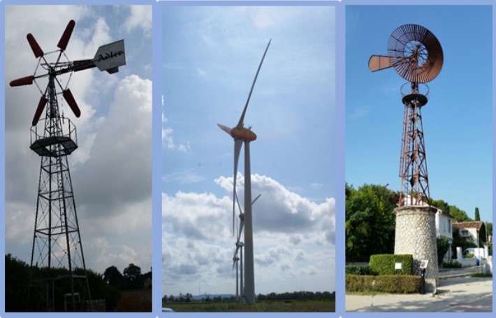 Windenergieanlagen in Schleswig-Holstein (links) und im Languedoc-Roussillon, Frankreich (Mitte, rechts)