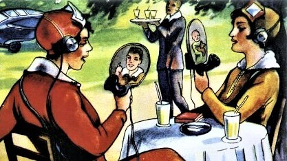 Kinderbuchillustration: 1920er Jahre, zwei Damen im Cafe telefonieren mit ihren Kindern