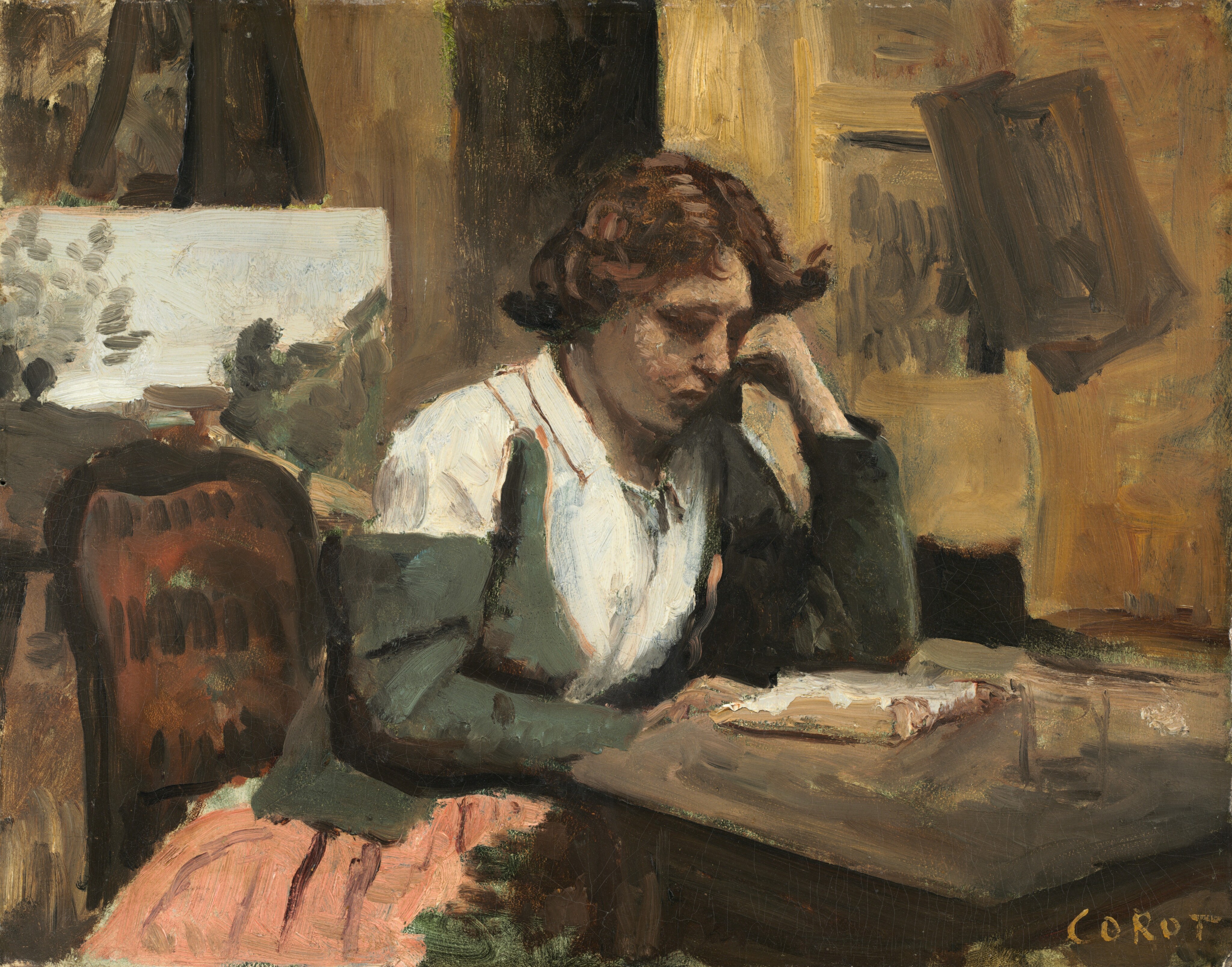 Gemälde von JBC Corot, 1868, Junge Frau, lesend im Zimmer
